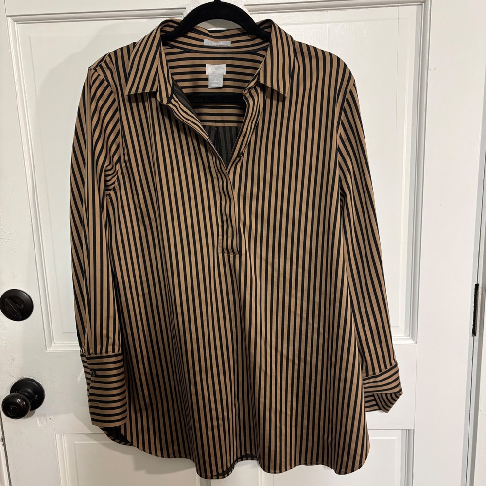 Chicos‎ No-Iron Chic Striped Tunic Blouse Tan Black Womens Size 2 L 12 Classic